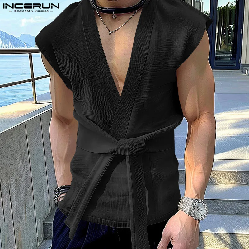 INCERUN Men Tank Tops Solid Color V Neck Sleeveless Lace Up Casual Male Vests Streetwear 2024 Summer Fashion Men Clothing S-5XL