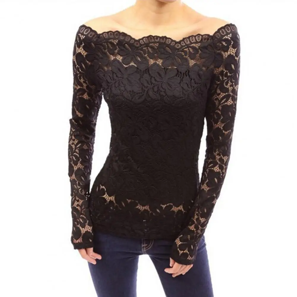 Elegant Women Blouse Top Embroidery Lace Flower Skew Collar Long Sleeve Lace Shirt Hollow Lace Splicing Solid Color Slim Tops