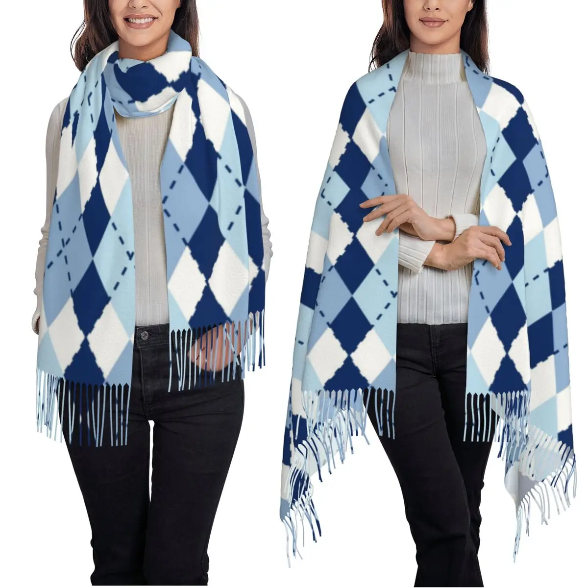 Lenço argyle azul com borla para mulheres xales e envoltórios macios e quentes grande outono inverno xale envoltório