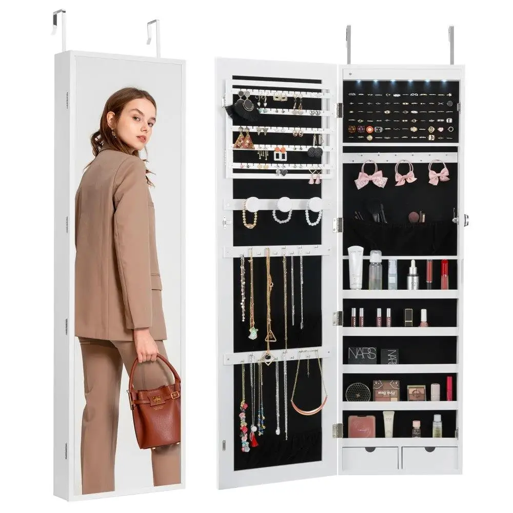 

Mirror Jewelry Cabinet Lockable Wall/Door Mounted Armoire White