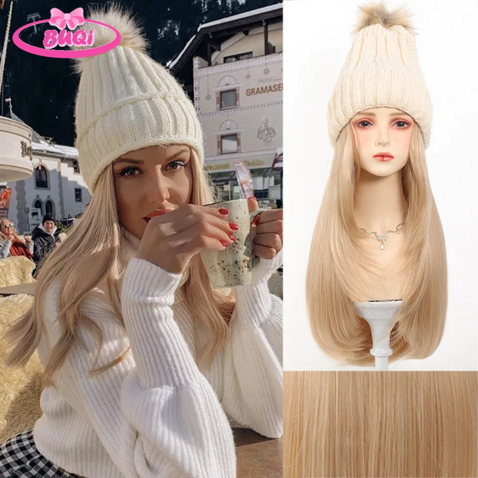 Hat wigs Cap Blonde Wigs Connect Synthetic Wigs Hair for Women Daily Party Use High Resistant Hair