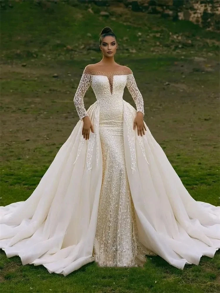 

Customized Mermaid Wedding Dress Detachable Train Robe De Mariée Off Shoulder Long Sleeves Women Bride Dresses Vestido De Novia