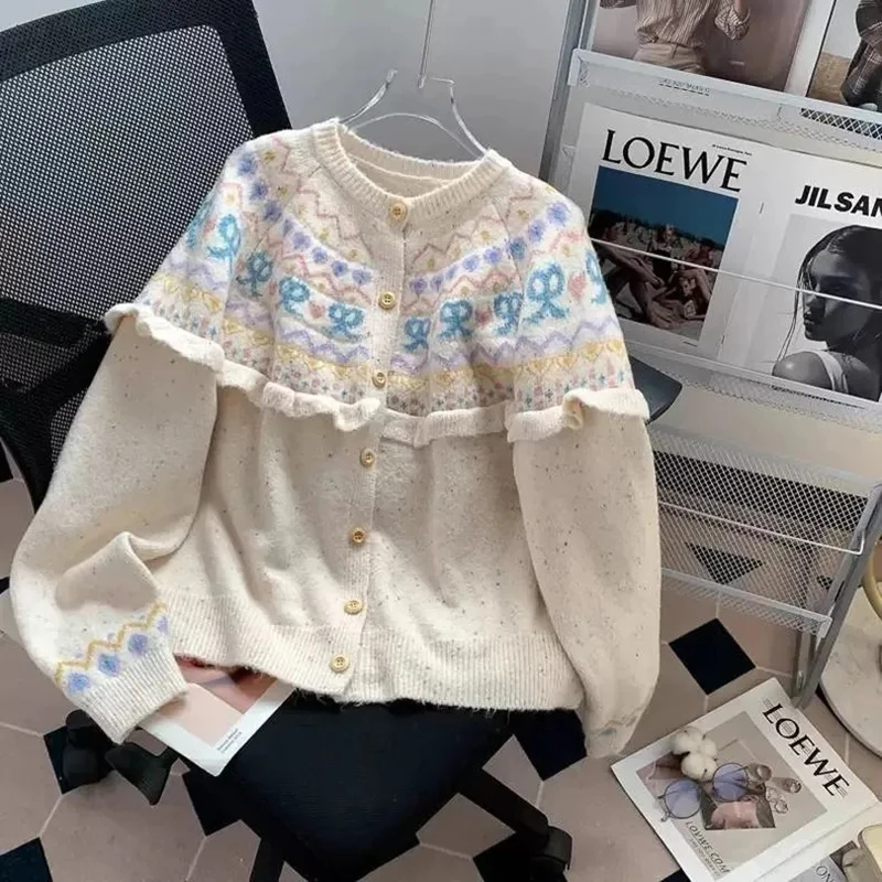 

Милый кавайный вязаный кардиган для женщин с рюшами и бантом, милый свитер в консервативном стиле с ленивым ветром, осень-зима, жаккардовые топы на пуговицах с длинными рукавами