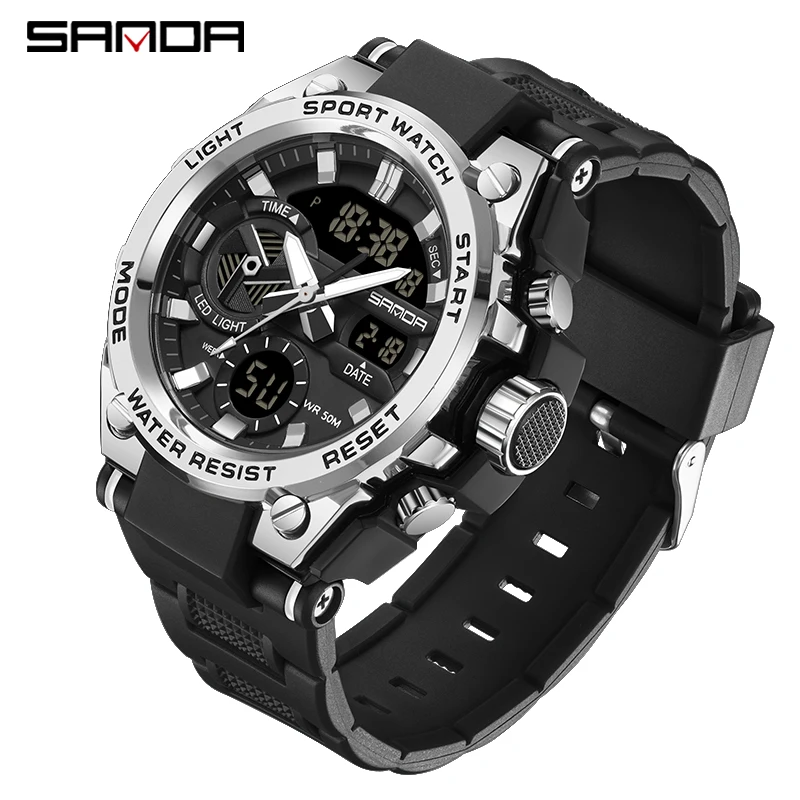 SAMDA New Sport Watches For Men 50M Waterproof LED Clock Alarm Dual Display Quartz Wristwatch Military Resisitant Mens Watch