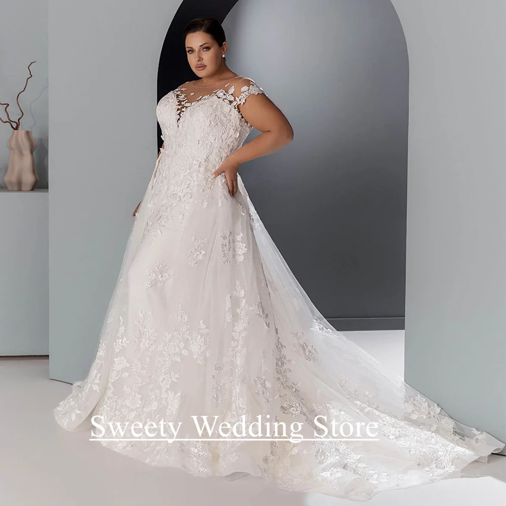 Lady PLUS ขนาดชุดเดรสเมอร์เมดรถไฟที่ถอดออกได้ที่กําหนดเอง Scoop หมวก Sweep Train เจ้าสาวชุดเจ้าสาว Robe Mariee