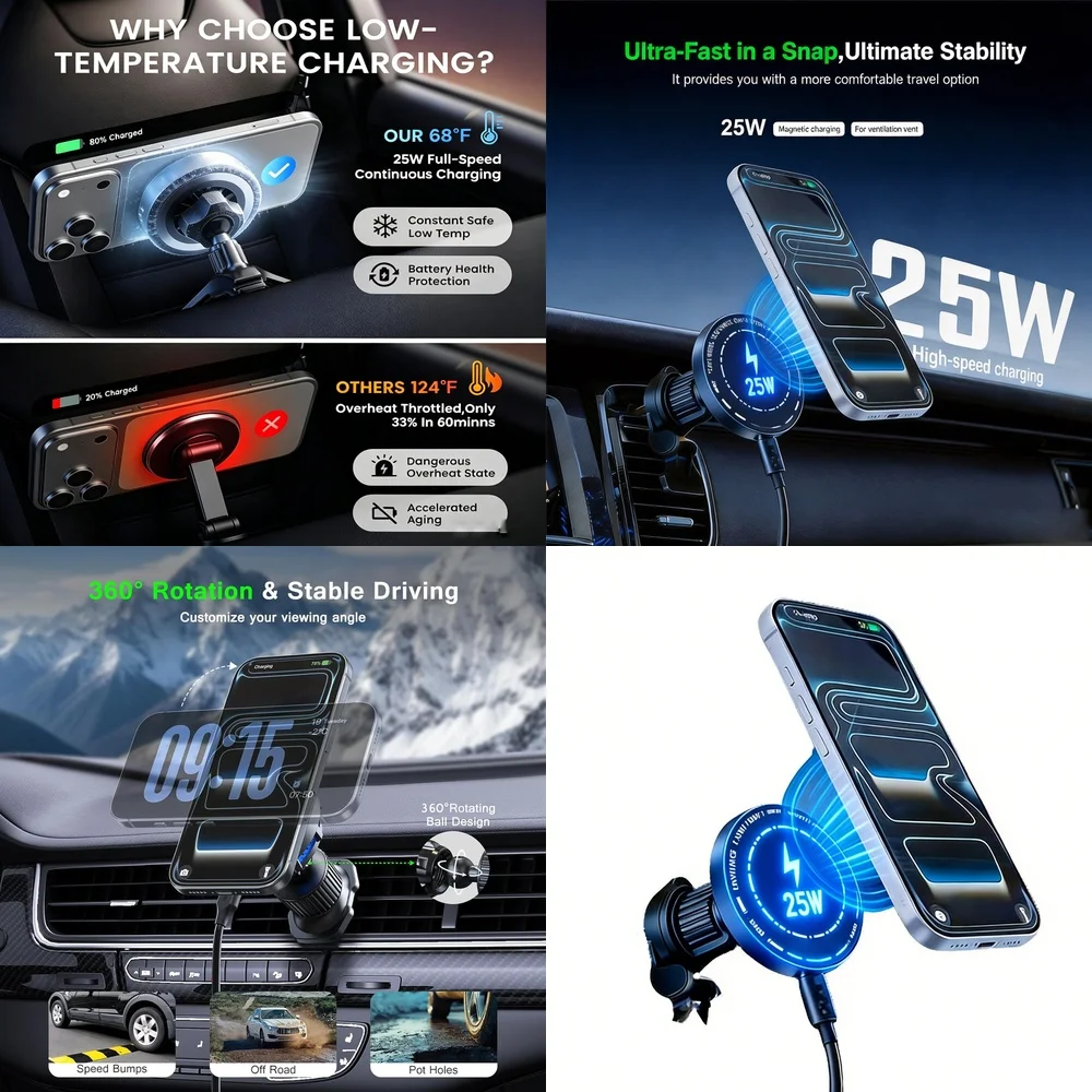 Magnetic Wireless Charging Car Mount 25W Air Vent 360 Rotate Stable Low Temp Fast Charging for iPhone 17 16 15 Samsung S26 Ultra