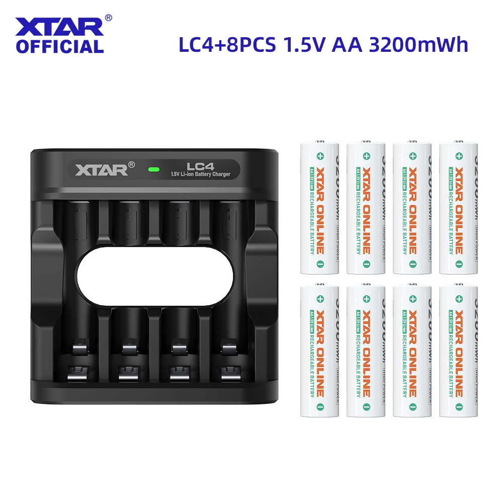 Комплект зарядного устройства XTAR LC4 с 8 литий-ионными батареями 1.5V AA 3200mWh или 8 батареями AAA 800mWh, быстрая зарядка 1.5A, время зарядки 1.7 часа.