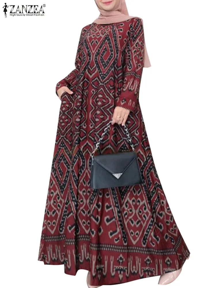 ZANZEA elegante manica lunga abito lungo caftano bohémien sciolto stampa Vintage vacanza Dubai Vestido Casual donna Maxi vestito musulmano