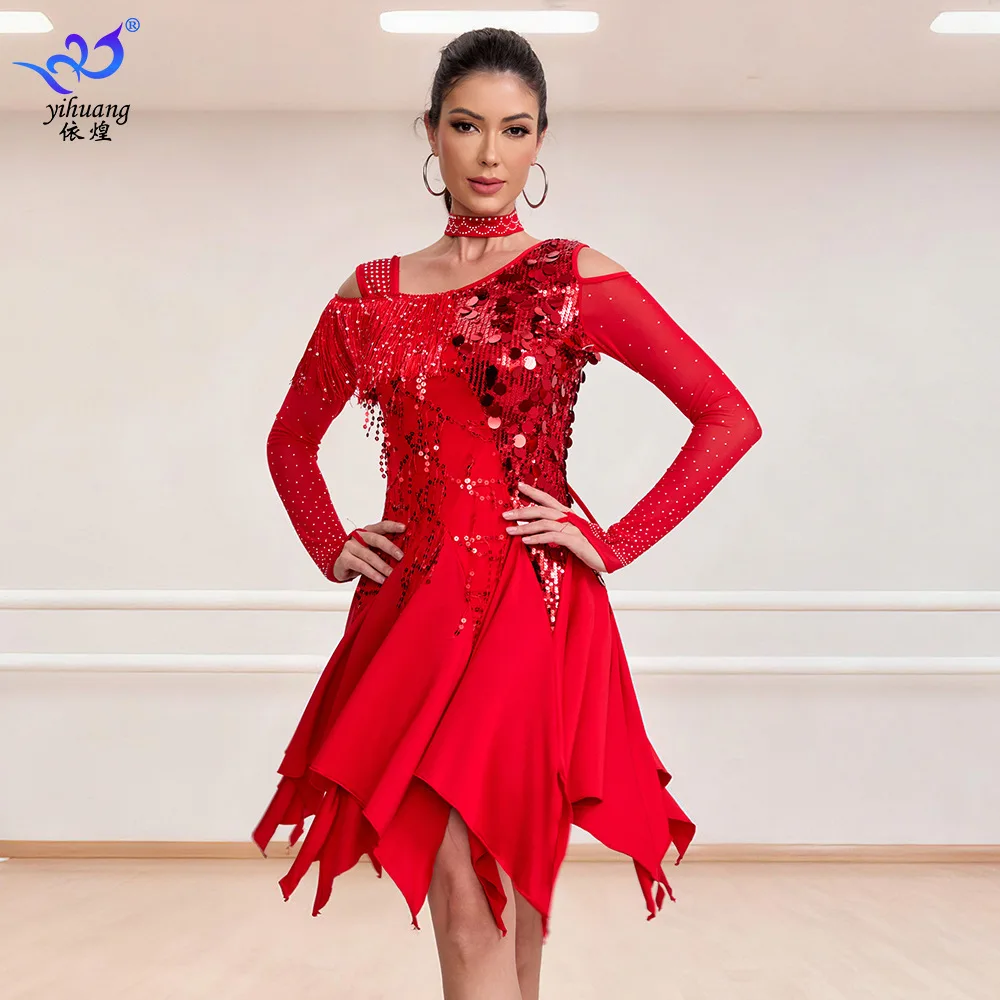 

1pcs/lot creative style woman high waist sequin latin dance dress lady off shoulder ruffles cha cha dance knee length dress