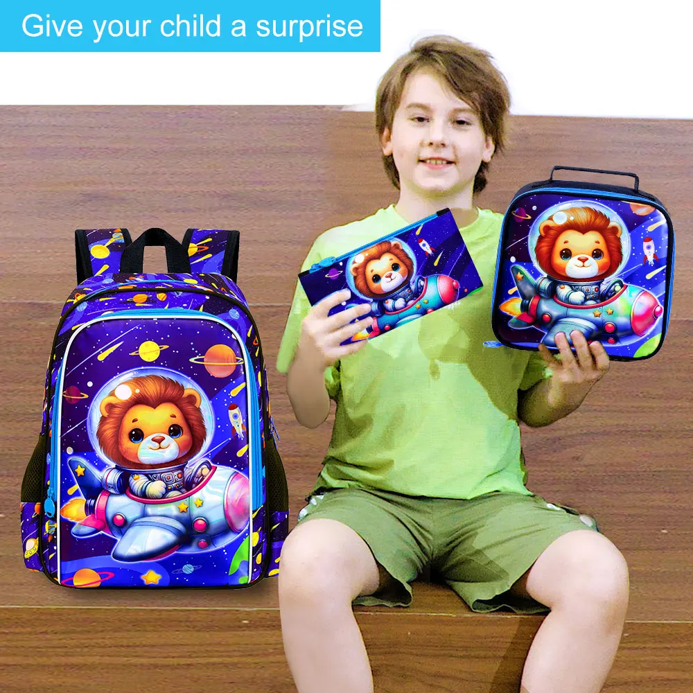 3Pcs Boys 16" Galaxy Space Lion Rocket Backpack Set Kids School Bag with Handbag Pencil Pouch for Elementary Little Boys view 5