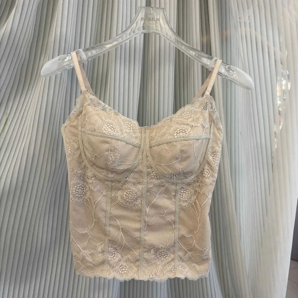 ファッションメッシュフラワー スリムレースクロップトップ ボトムシャツ フィッシュボーンライン ガールズベストトップ Vネックベスト キャミソール パッド付き レディース