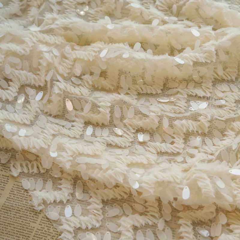 

Абрикосовая кружевная ткань с вышивкой блестками для свадебного вечернего платья, модельерская ткань на метр