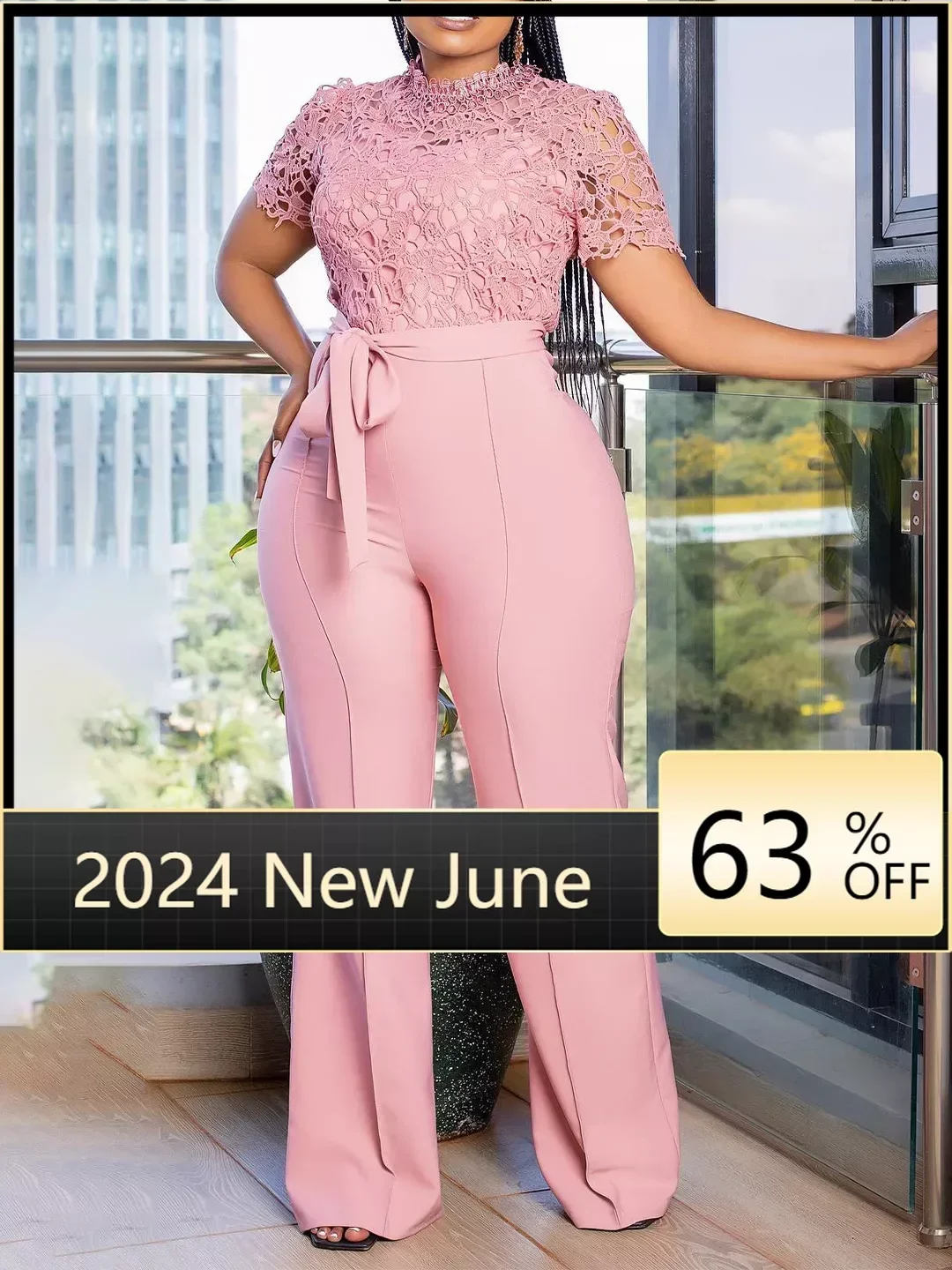 Pink Lace Jumpsuit for Women Patchwork High Waist Wide Leg Waist Belt Modest Classy Elegant One Piece Office Lady Summer Fashion