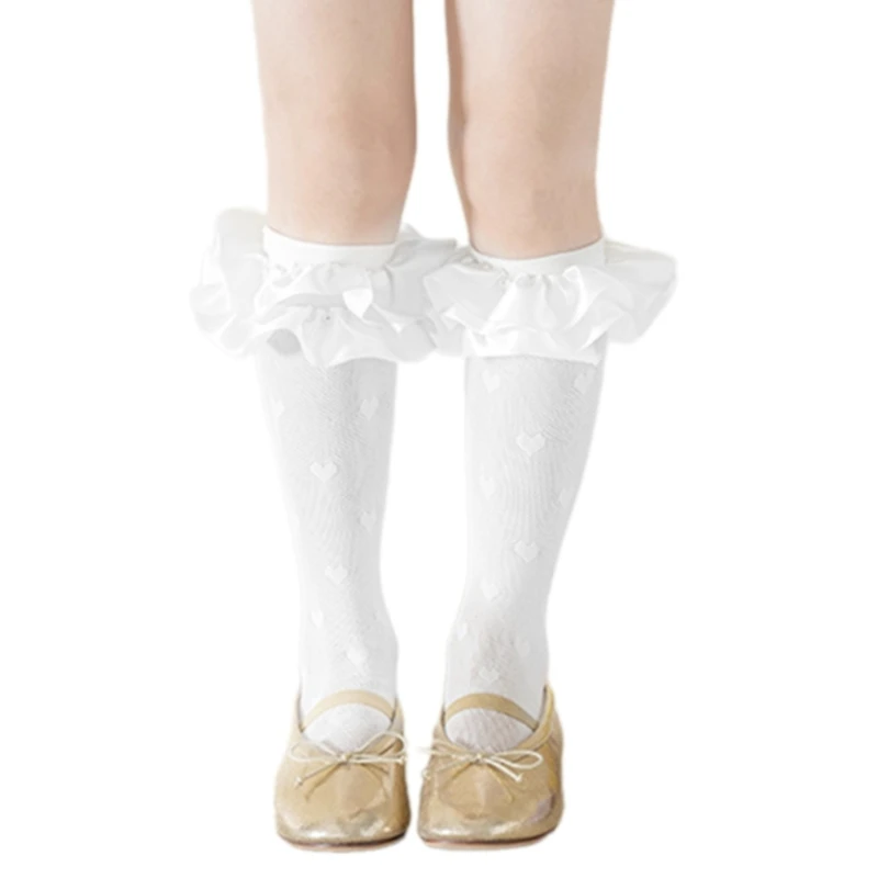 Girls Breathable Under Knee Socks Cotton Lace Trimmed Dress Socks with Decorative Love Heart for Baby Daily Wear 425F