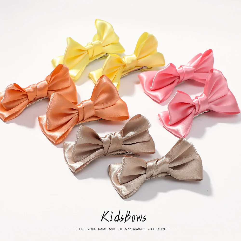 2 Pcs/Set Solid Color Bowknot Hairclips Kids Sweet Boutique Handmade Headwear Girls Elegant Hair Clips Fashion Hair Accessories