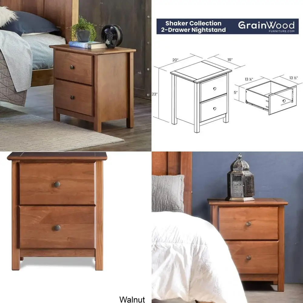 walnut solid wood shaker style 2-drawer nightstand