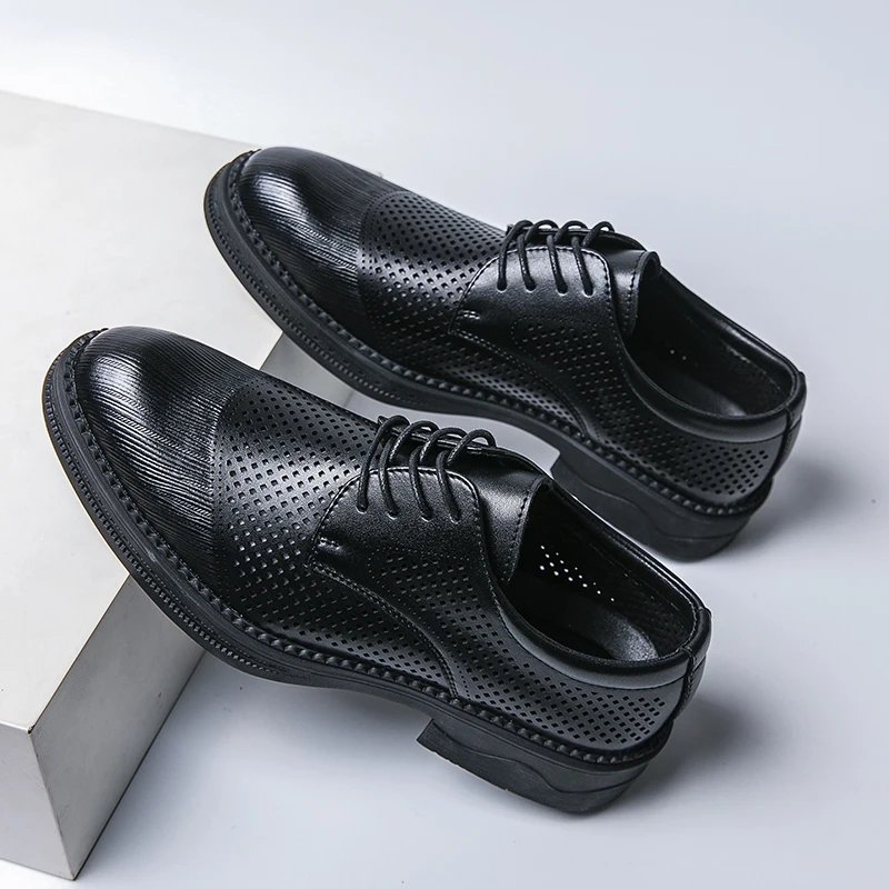 Summer Retro Classic Derby Shoes Double Layer Cowhide Breathable Lace up Business Dress Shoes Outdoor Comfortable Shoes Men Shoe