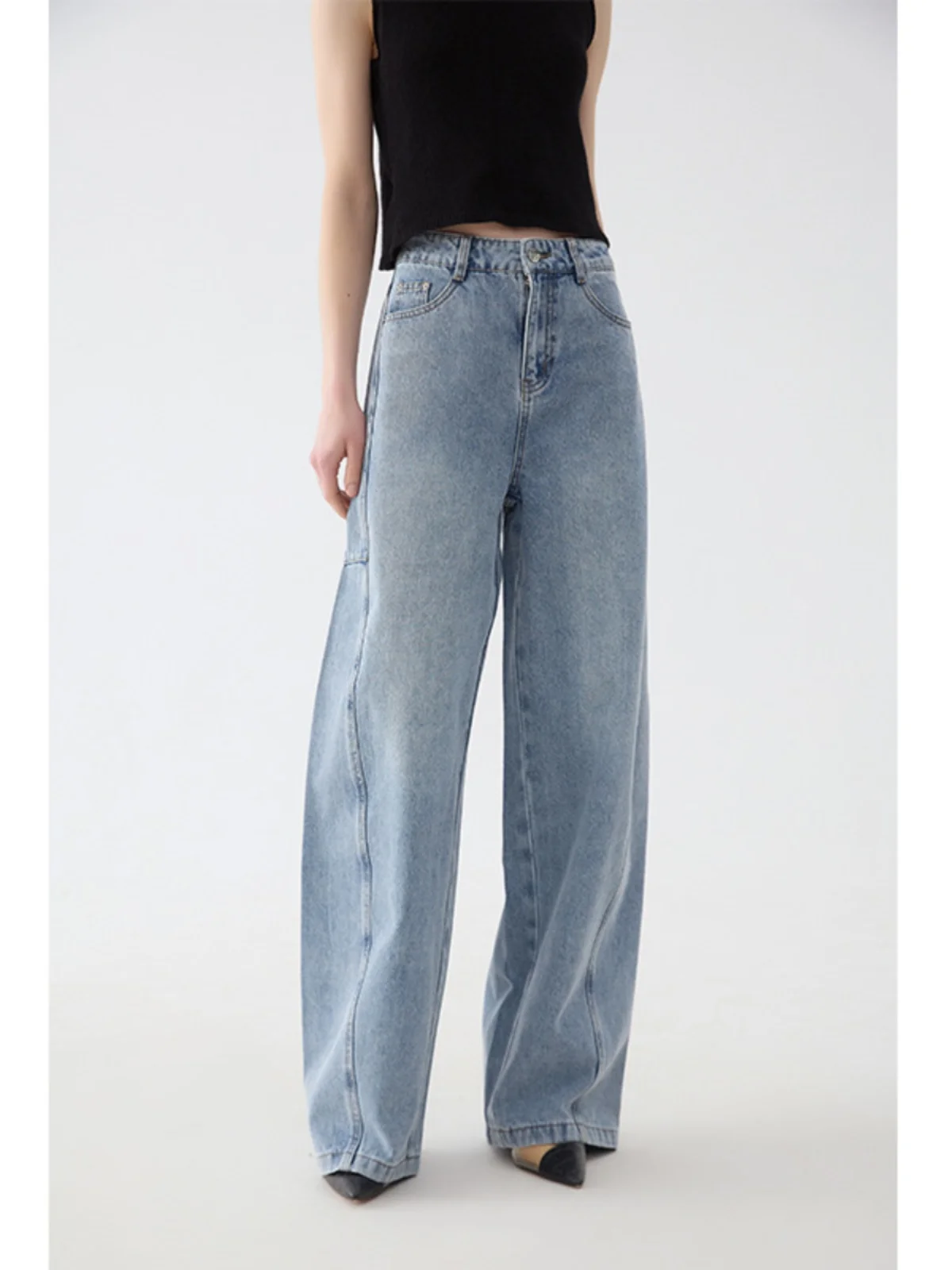 

24 New Spring Style High-waisted Natural Cotton Washed Blue Wide-legged Denim Trousers