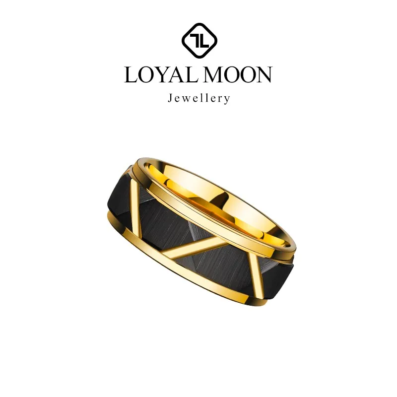 Loyal Moon Tungsten Rings For Men Personalized Black Faceted Design Gold Plating Comfort Fit,custom Engraved Name