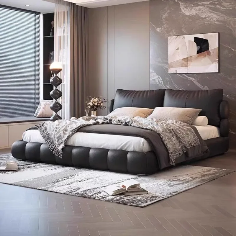 Italian leather bed double bed, master bedroom storage modern leather art bed