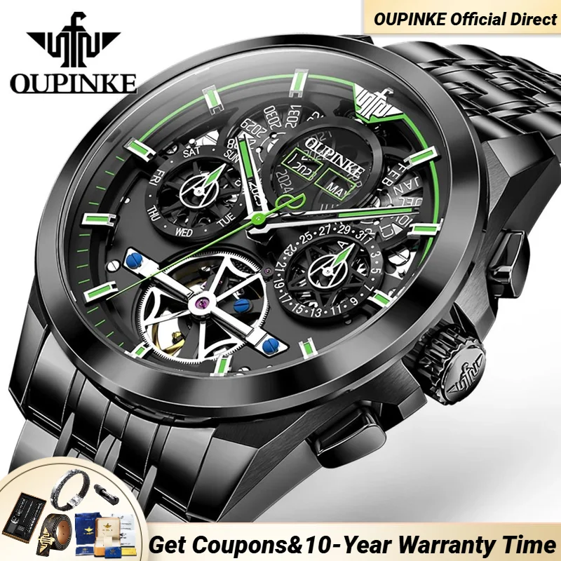 

OUPINKE 3235 Fully Automatic Watch Multi-function Small Dial Deep Waterproof Flywheel Hollow Design Mechanical Wristwatch Men