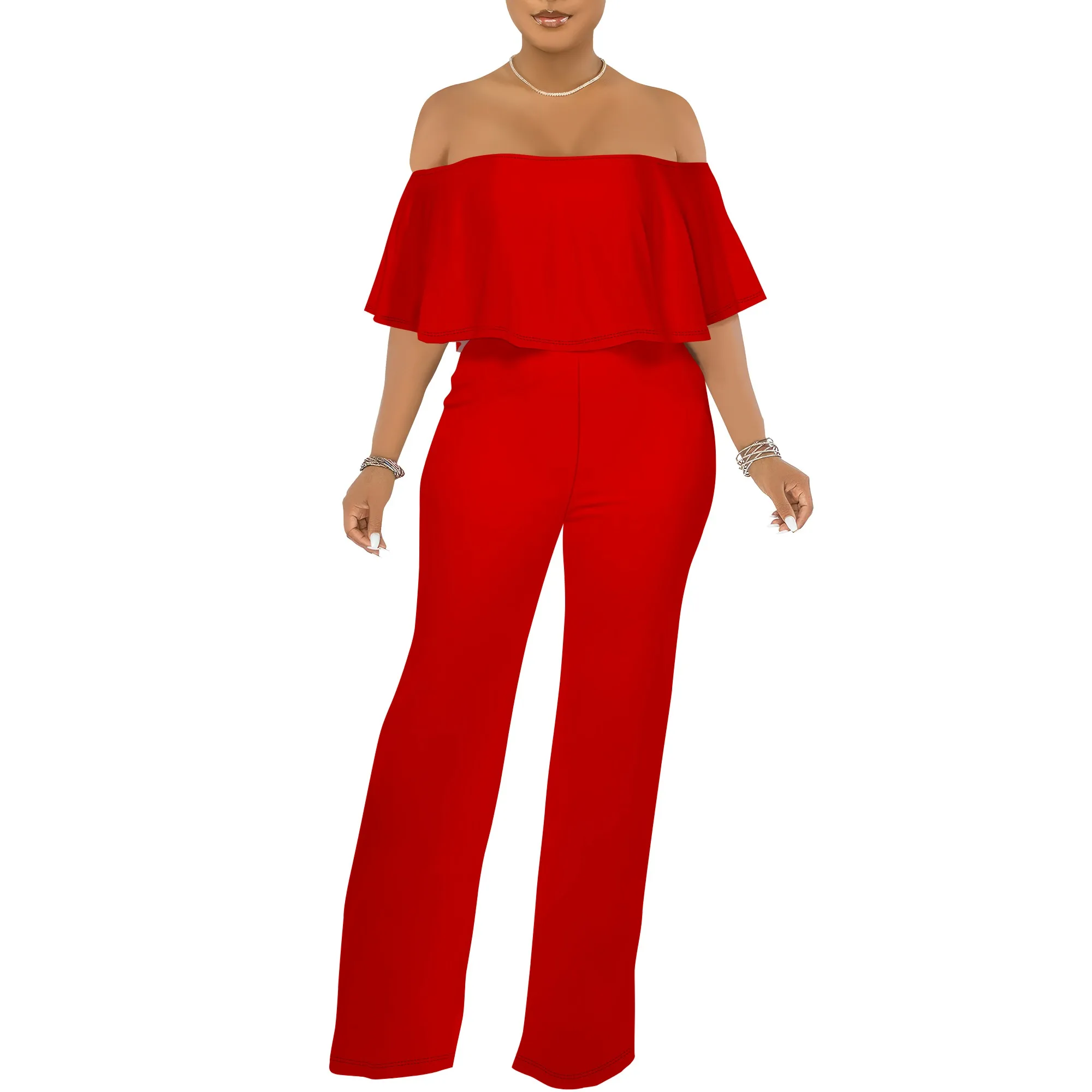 Off Shoulder Tube Top Ruffle Solid Color Jumpsuits for Women Wide Leg Pants Club Party Outfits Jumpsuit with Pockets