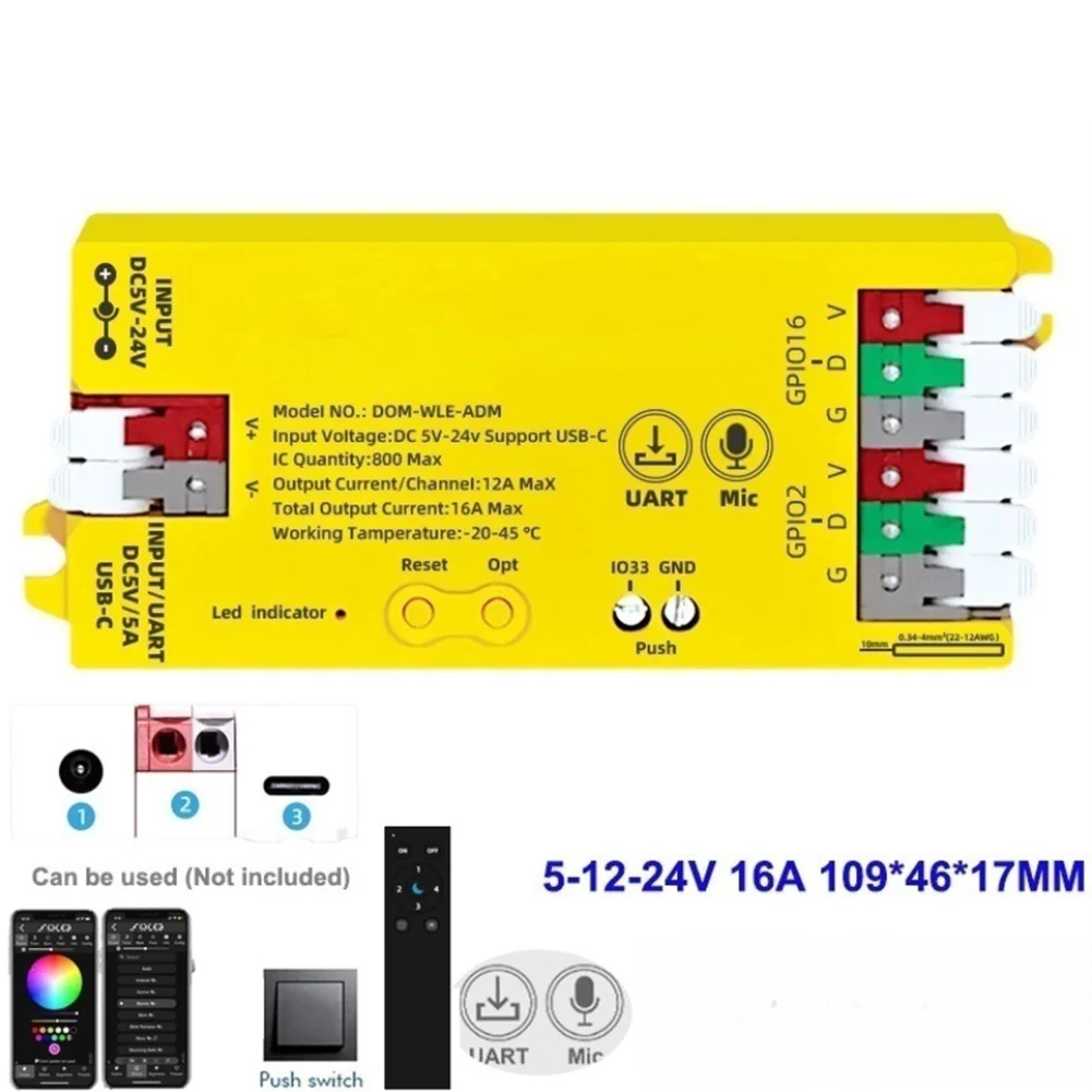 For ESP32 Digital LED Strip Controller With Mic And UART USB-C 5V/5A DC5~24V For Test Measurement Tool Accessory