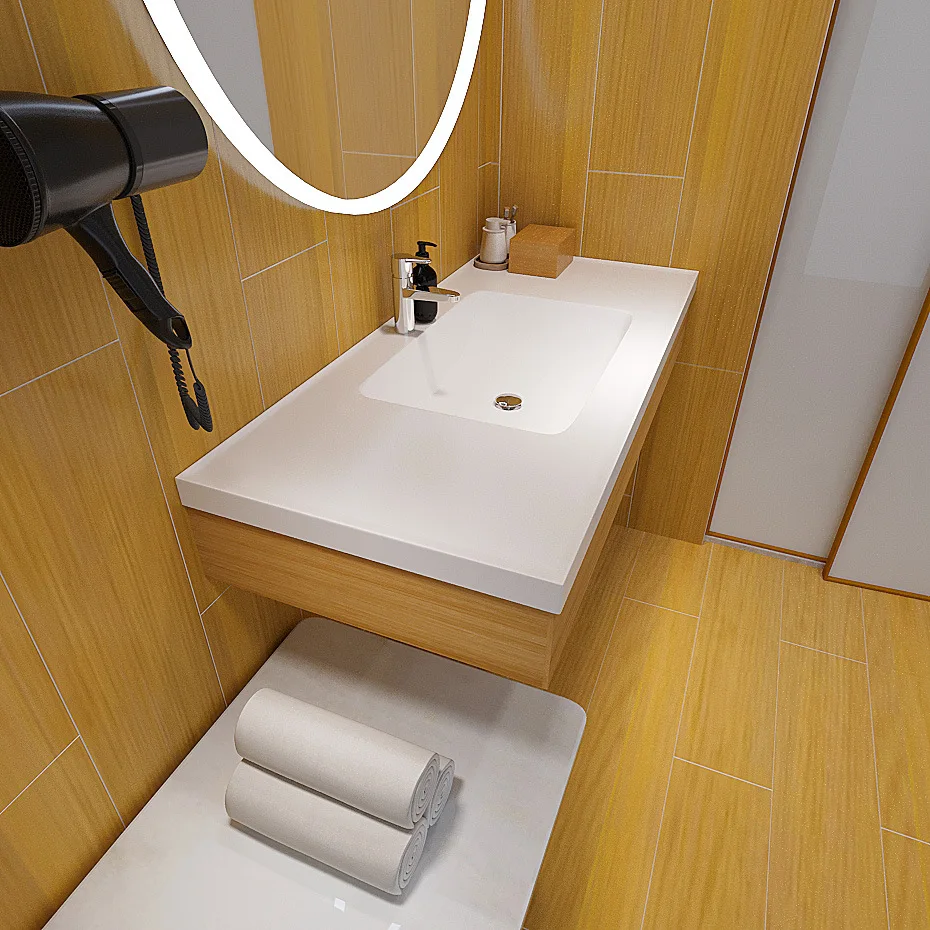 

4.0 Простой умывальник для отеля, бесшовный встроенный умывальник из искусственного камня, шкаф для ванной комнаты, акриловый умывальник