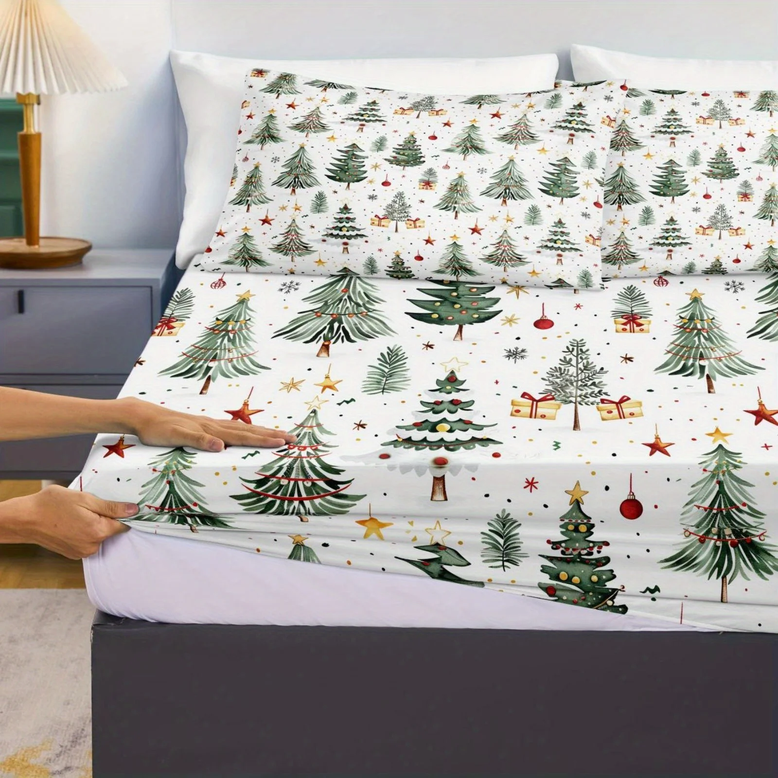 3pcs 85G July Chemical Fiber Polyester Christmas Tree Flashing Digital Bed Sheet Set, Soft, Comfortable, Bed, Eight Sizes