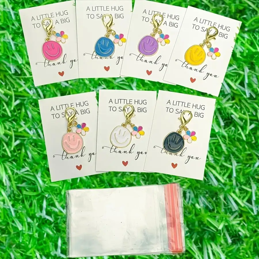 1/5/10/20/50/100pcs Gift for Her/Him s Cute Cartoon Face And Colorful Flower Keychain Combo Set, with Thank You Hug Card, Includ
