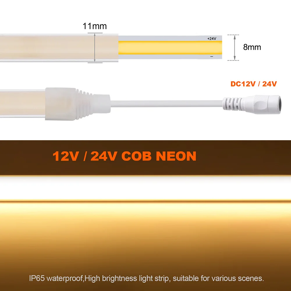 IP68 방수 COB LED 네온 스트립 조명, 조도 조절 320 LED, 유연한 리본, 고밀도 선형 조명, 홈 데코, 12V, 24V