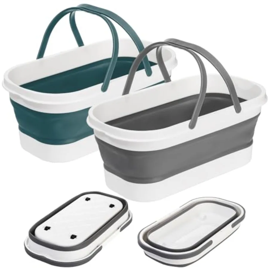 

2 Pack Collapsible Plastic Bucket with Wheels, 12L 3.17 Gallon Foldable Rectangular Mop Bucket, Portable Water Pail with Handle