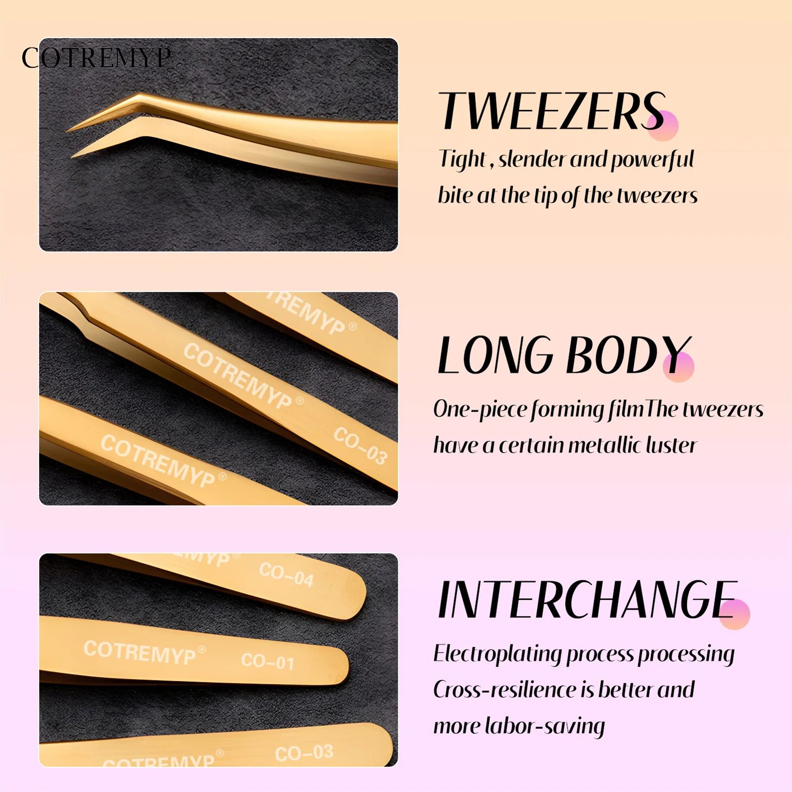 High Precision Eyelash Extension Tweezers With Fiber Tips Golden Stainless Steel Lashes Tweezer for Volume Fans Makeup Tools