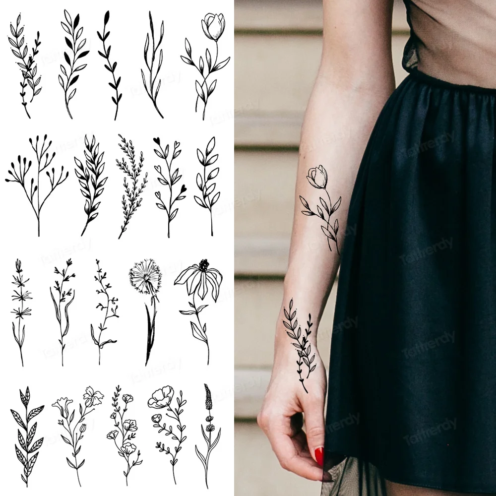 4sheets simple line sketch tatttoo flower plant leaves black temporary tattoo stickers ins fashion arm hands sleeve body art