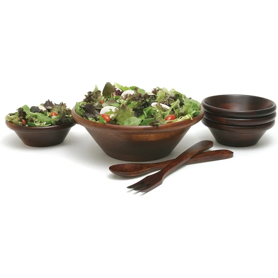 

Cherry Finished Round Rim Serving Bowls with Server Utensils 7Piece Set Assorted Sizes