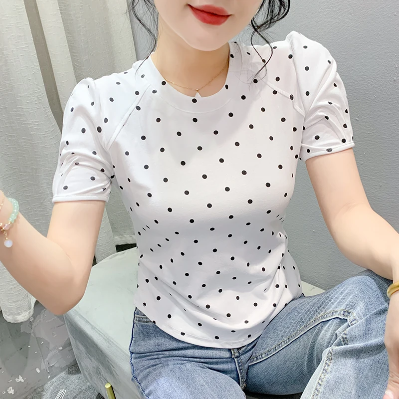 2024 New Summer European Clothes Cotton T-Shirt Fashion Sexy O-Neck Print Wave Point Draped Women Tops Short Sleeve Tees 46019