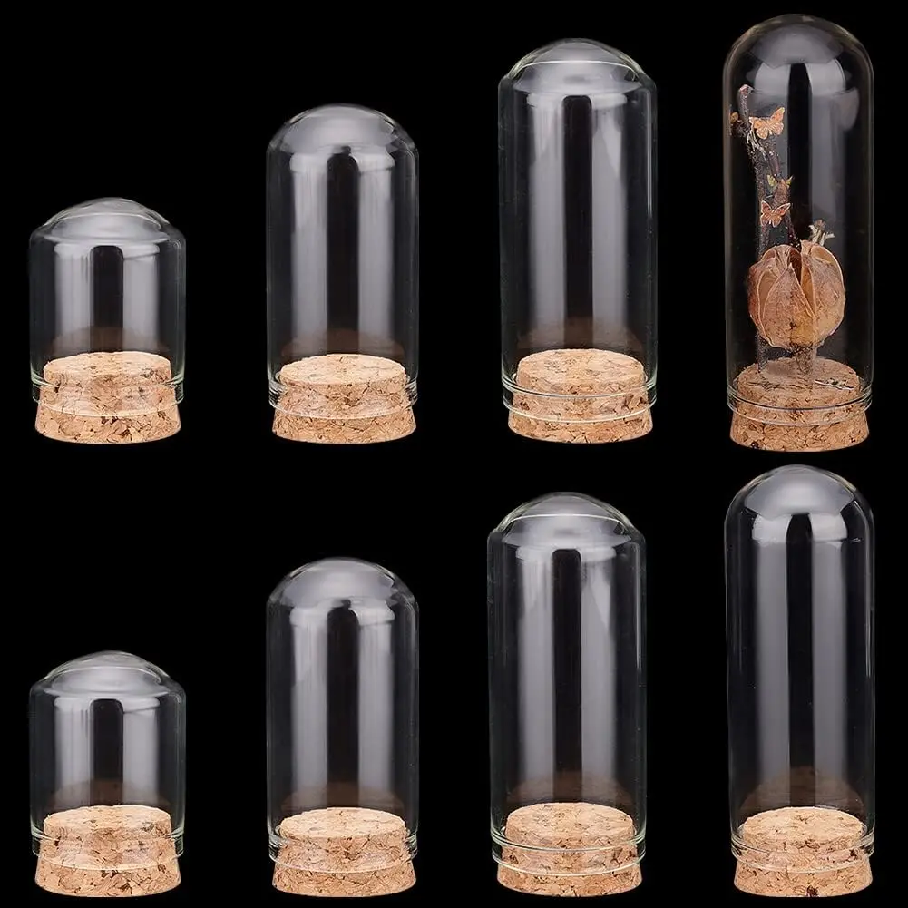 8pcs Cloche Bell Jar 4 Sizes Glass Display Dome with Cork Base Mini Glass Bottles Dome Decorative Jars Display Case for Flower