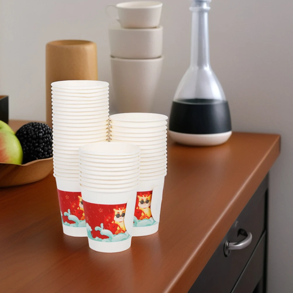 

100 Pcs Handle Paper Cup Chinese Banquet Disposable Cups Themed Wedding New Year Party