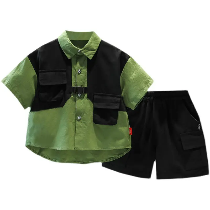 Boy\'s Summer Suits Korean Style Color Patchwork Shirt with Pockets Children\'s Handsome Street Shirt Pants Two-piece Sets