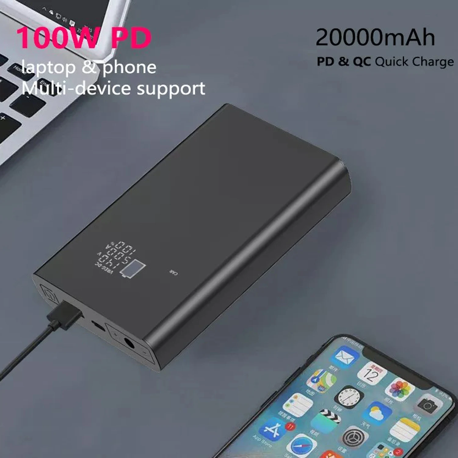 Pd 100W Dc Powerbank 20000Mah 9V 12V 15V 16.5V 19V 1a 2a 3a 4a 5a 6a Laptop Power Bank 24V 20V Voor Cpap Router Projector Modem