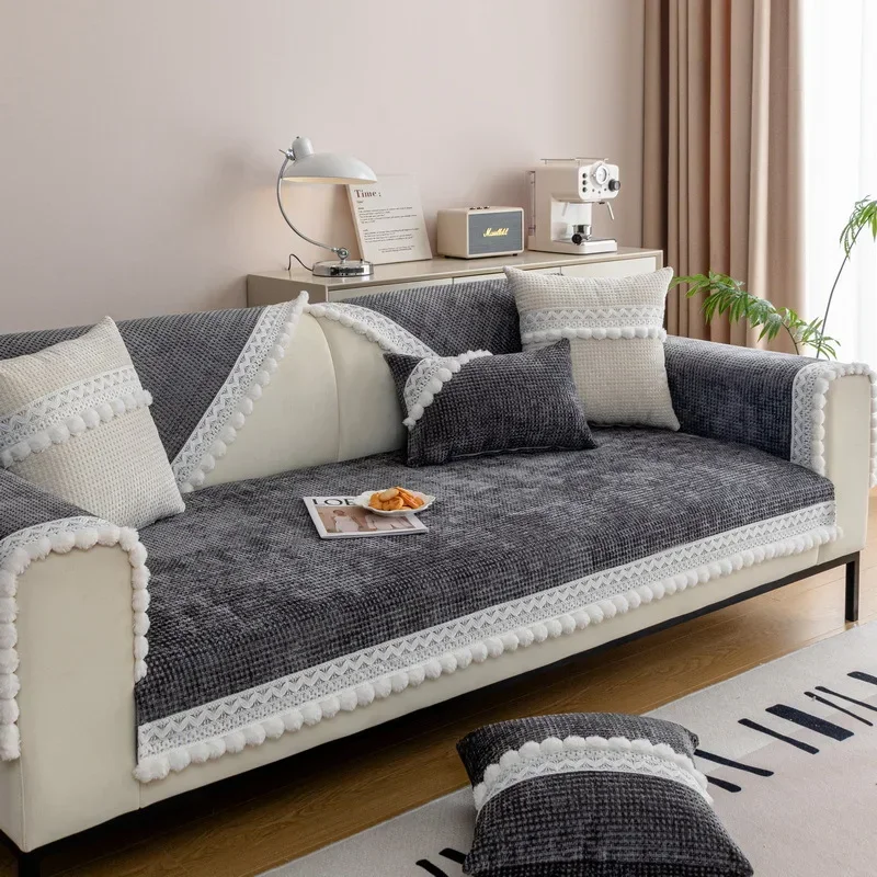 Chenille Sofa Cushion Anti Slip Wear-resistant L-shaped Sofas Cushion with Fur Ball Edge Sofa Cover Pillowcase Waffle Sofa Cover