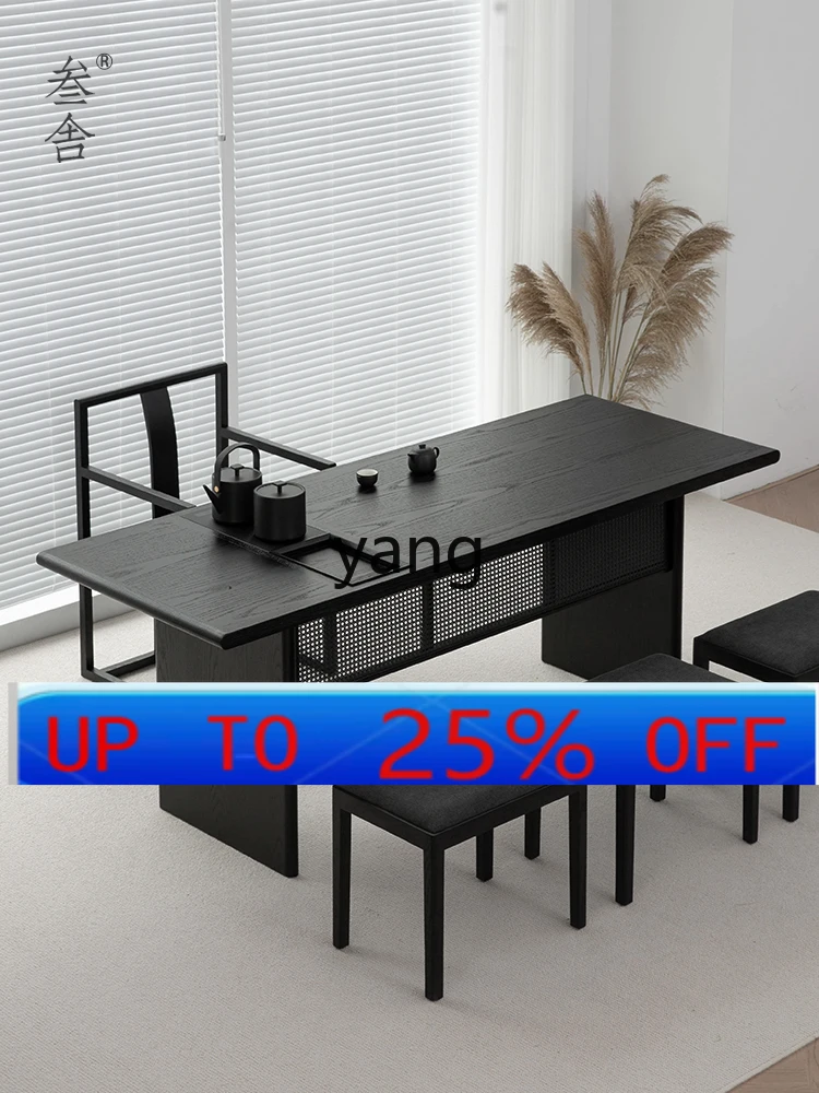 

LMMsolid wood long table black modern household tea table with kettle integrated tea table and chair combination