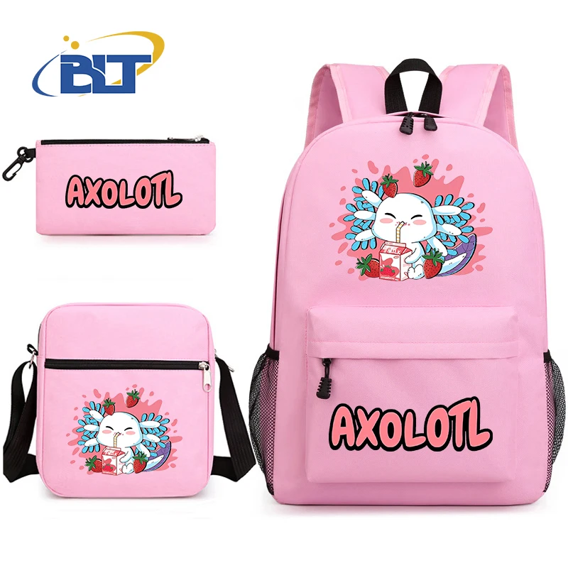 Cute Axolotl printed girls school bag set student backpack shoulder bag pencil case 3-piece set kids back-to-school gift