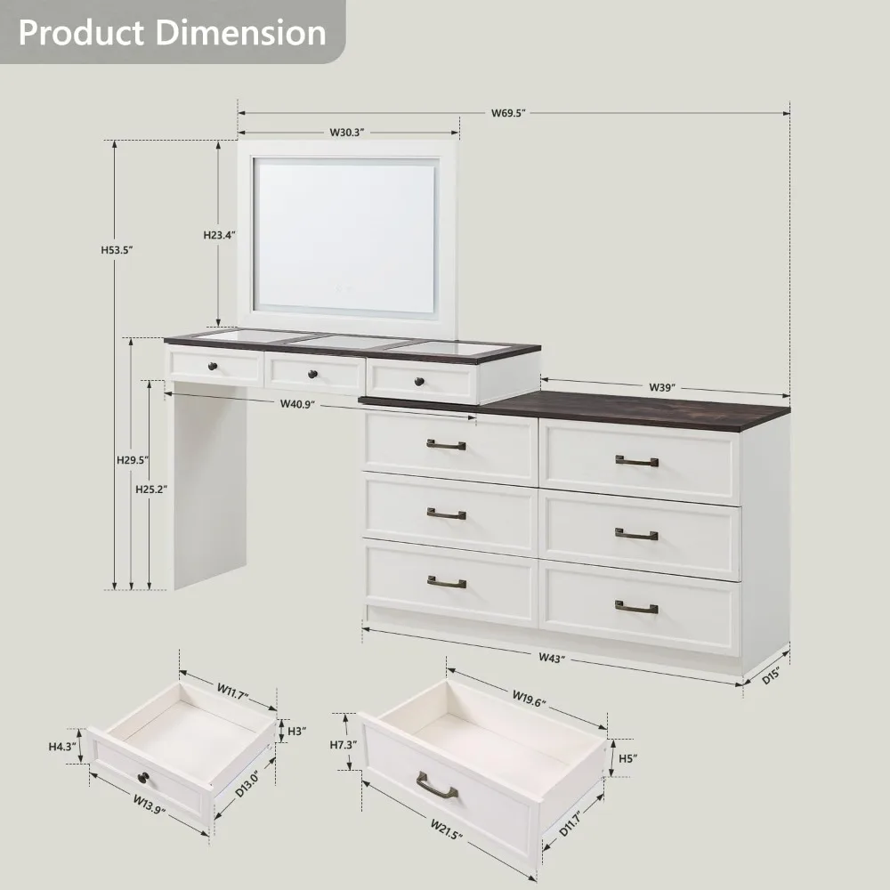 Makeup Table with 9 Large Storage Drawers, Rustic Wood Bedroom Dressing Table w/3 Color Available Light & 30