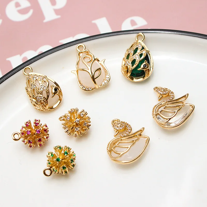 1pcs Diy Jewelry Accessories Pure Copper Gold-plate Inlaid Zircon Flower Swan Ball Pendant Necklace Earring Tail Pendant Charms