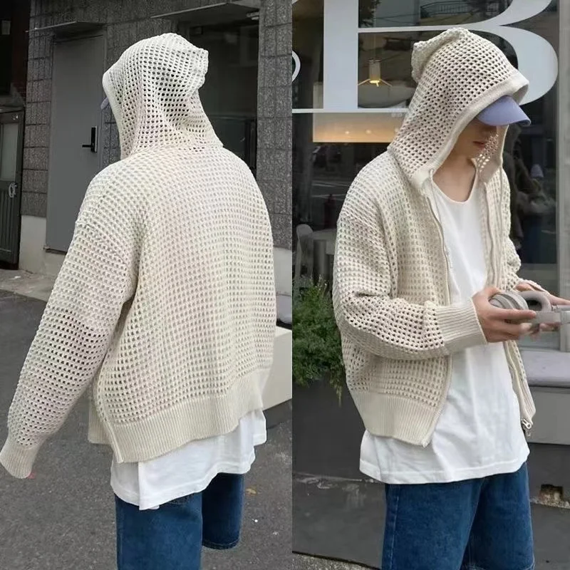 

Men's INS Hot Hollow Jacket Hooded Breathable knitted Sweater Korean Style y2k Casual Street Trendy Fashion Boys Top Outer Wear