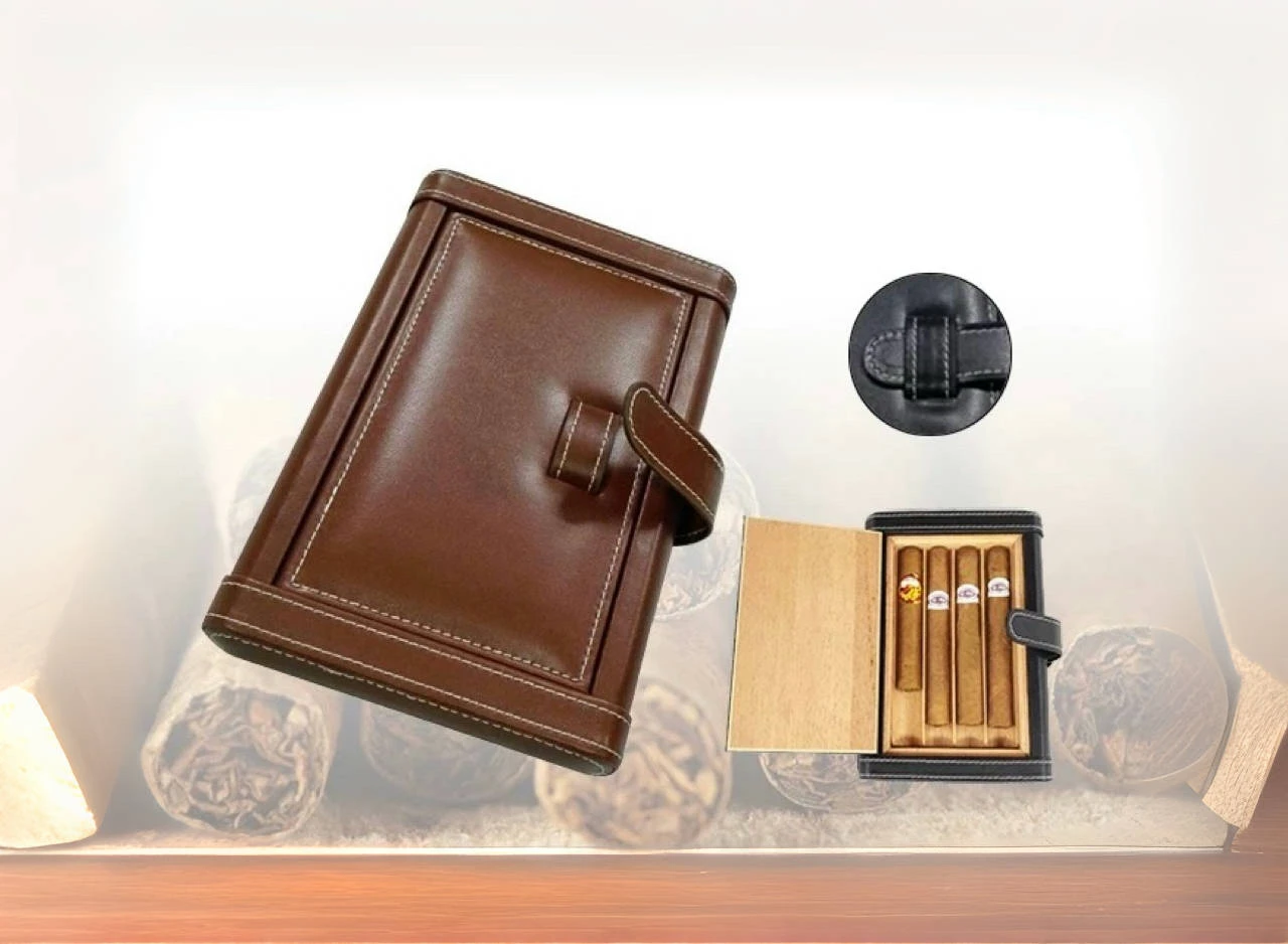 

Portable Genuine Leather Cigar Case With Cedar Wood Inside For Moisturizing Storage Of Cigar Boxes.