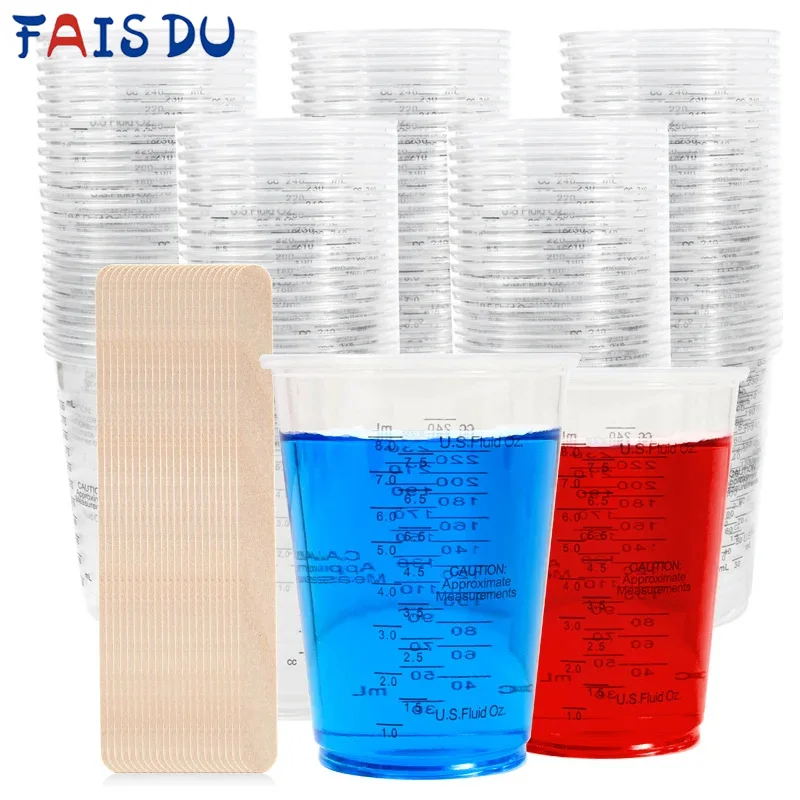 8oz/250ml Disposable Measuring Cups with Stirring Sticks Plastic Epoxy Resin Mixing Cups Kitchen Baking Cooking Measurement