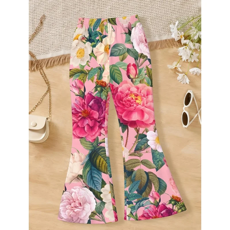 Girls All Over Print Flare Pants Stretchy Bell Bottom Leggings Elastic Waist Pants for Tween Teens Back to School Outfit