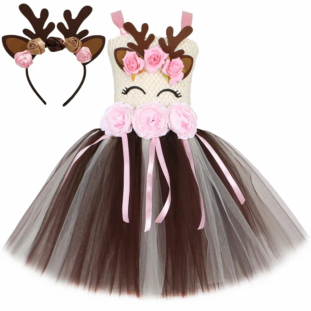 Deer Costume for Girls Christmas Dress Outfit Antlers Flowers Reindeer Elk Tutu Dress Toddler Kids Halloween Holiday Party Dress